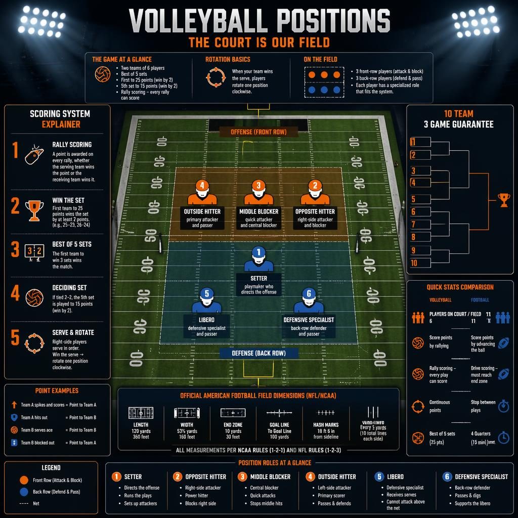 Sports infographic showing volleyball positions on a top-down American football field with six labeled player icons and stat panels.