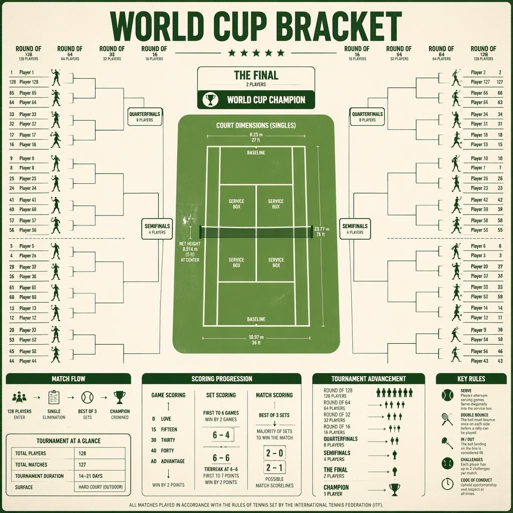 Retro 1970s tennis bracket infographic centered on a regulation court with seeded slots, player icons, side panels, and finals path