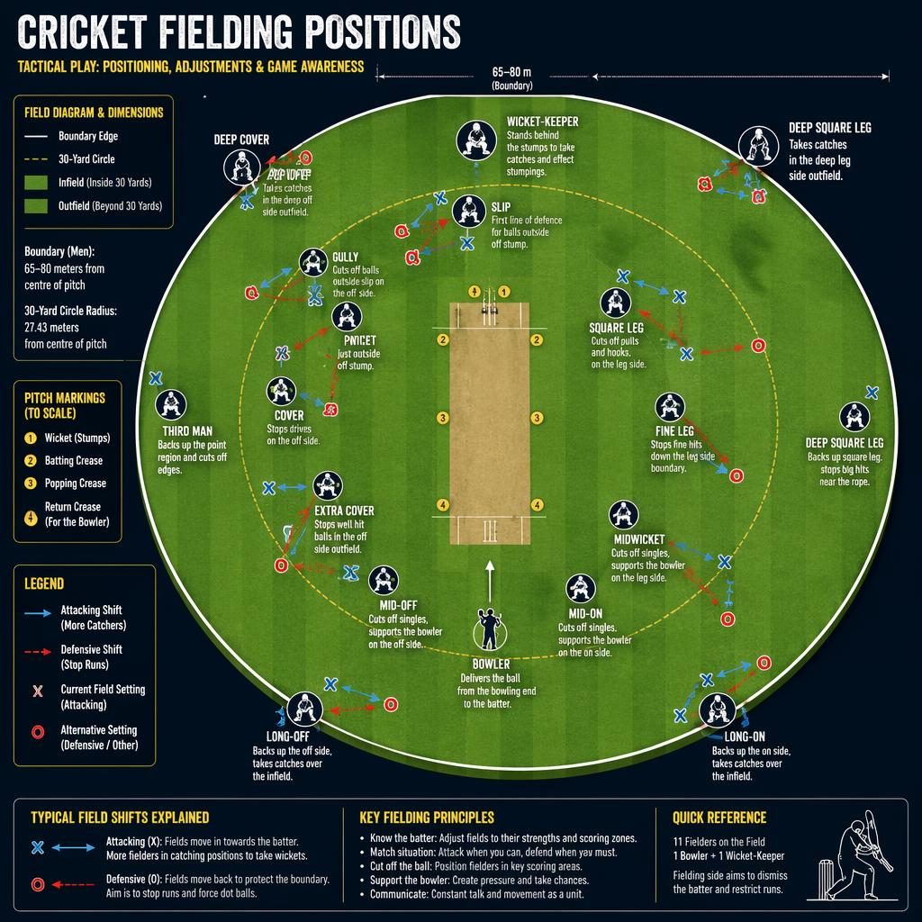 Top-down cricket field infographic with labeled fielding positions, X and O tactics, arrows, creases, wickets, and zones.