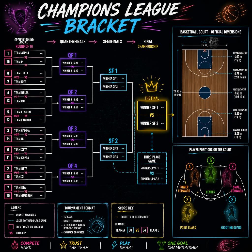 Sketchnote basketball tournament bracket infographic with neon stadium styling, full knockout rounds, and scaled court panel.