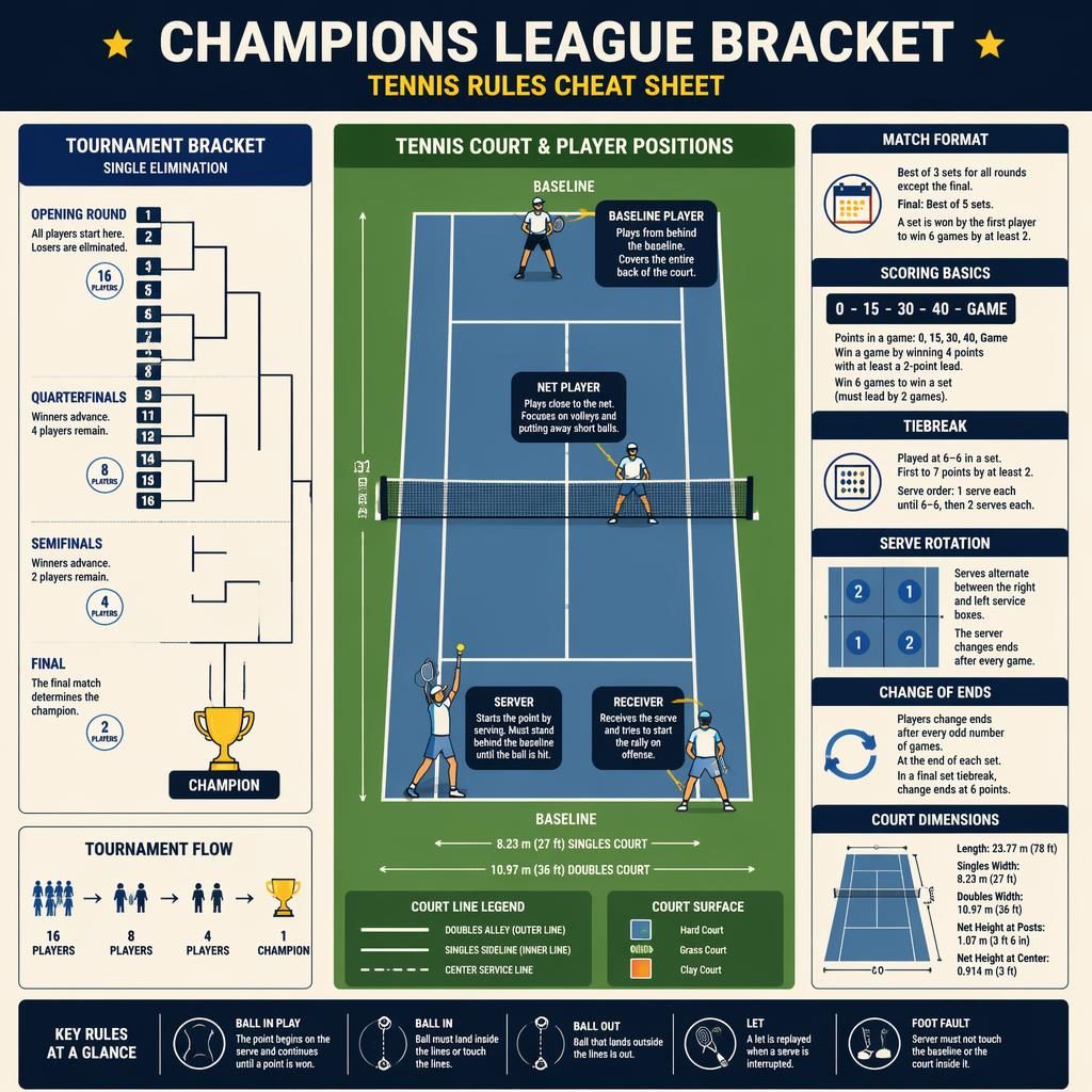 Minimal retro sports infographic with a top-down tennis court, player position labels, and a bracket progression layout.