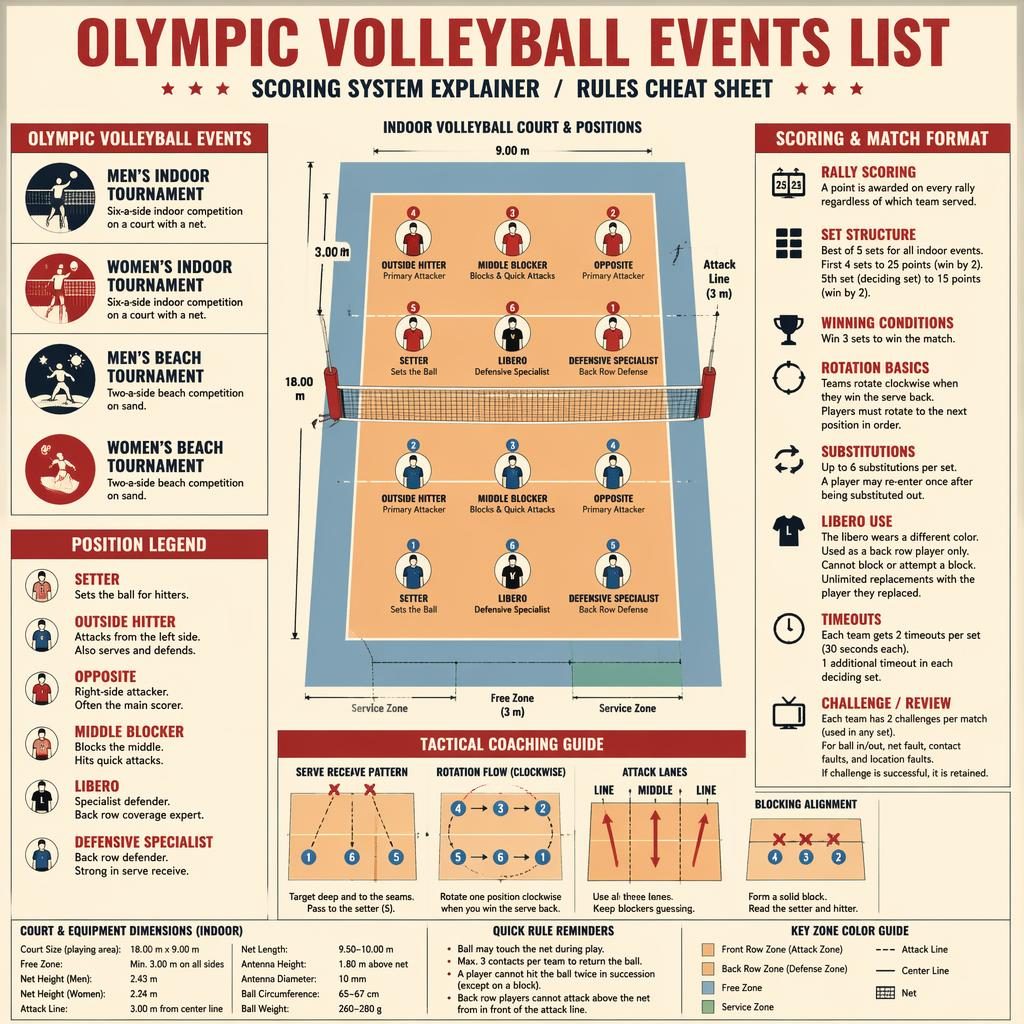 Vintage cream and red volleyball infographic with top-down court, player positions, event panels, scoring rules, arrows, and legend boxes.