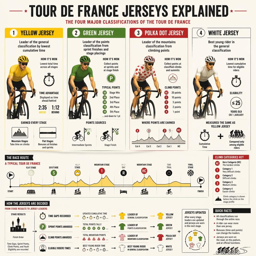 Editorial cycling infographic poster showing yellow, green, polka dot, and white Tour de France jerseys with metrics