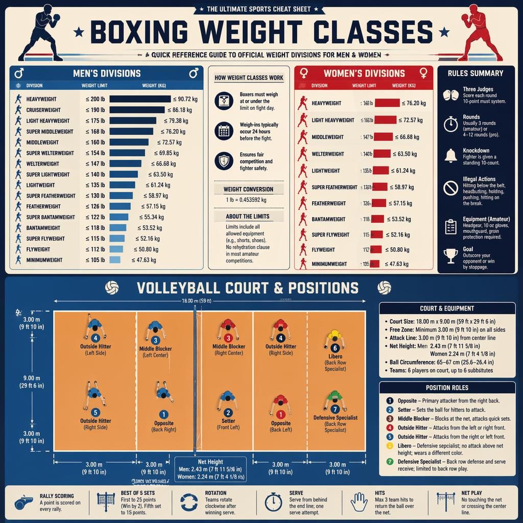 Minimal retro sports infographic with boxing weight class panels over a top-down indoor volleyball court layout and player icons.