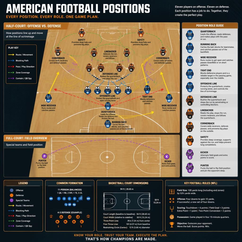Top-down basketball court infographic labeling American football positions with icons, arrows, legend, and editorial layouts.