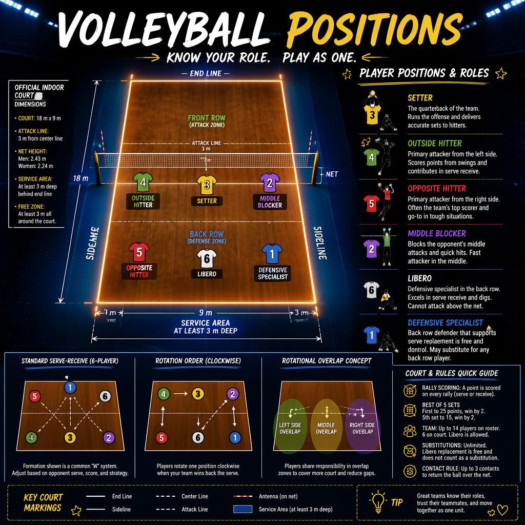 Top-down volleyball positions infographic with labeled player roles, court zones, rotation order, and serve-receive arrows.