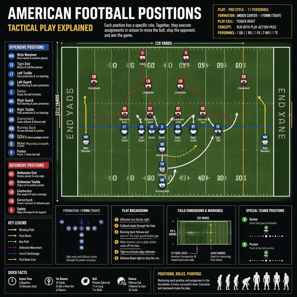 Top-down American football field infographic with labeled player positions, route arrows, blocking paths, legend panels.
