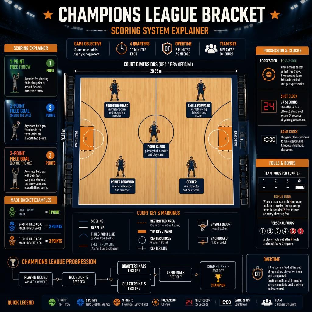 Top-down basketball court infographic in a dark stadium with scoring rules, player positions, clocks, and bracket panel.
