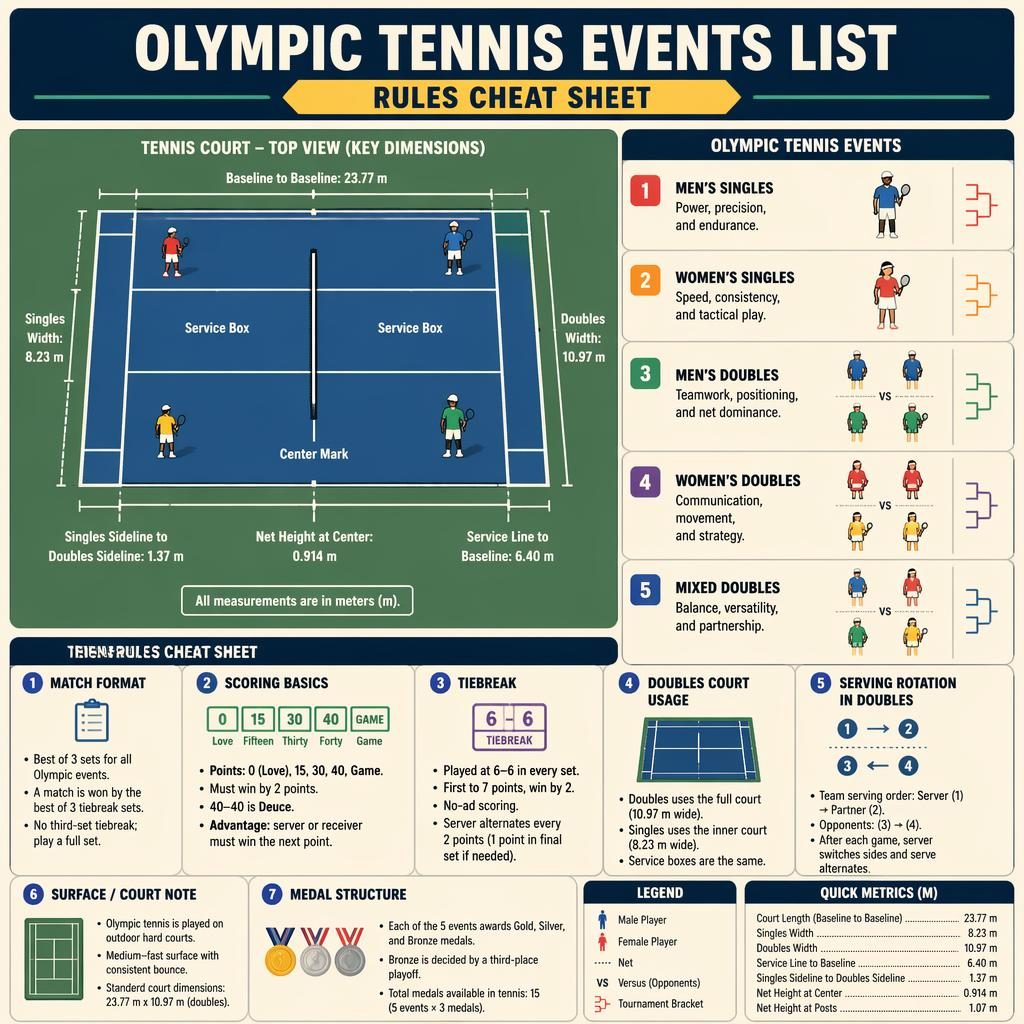 Flat sports infographic with a top-down tennis court, player icons, Olympic tennis event panels, and rule callouts.