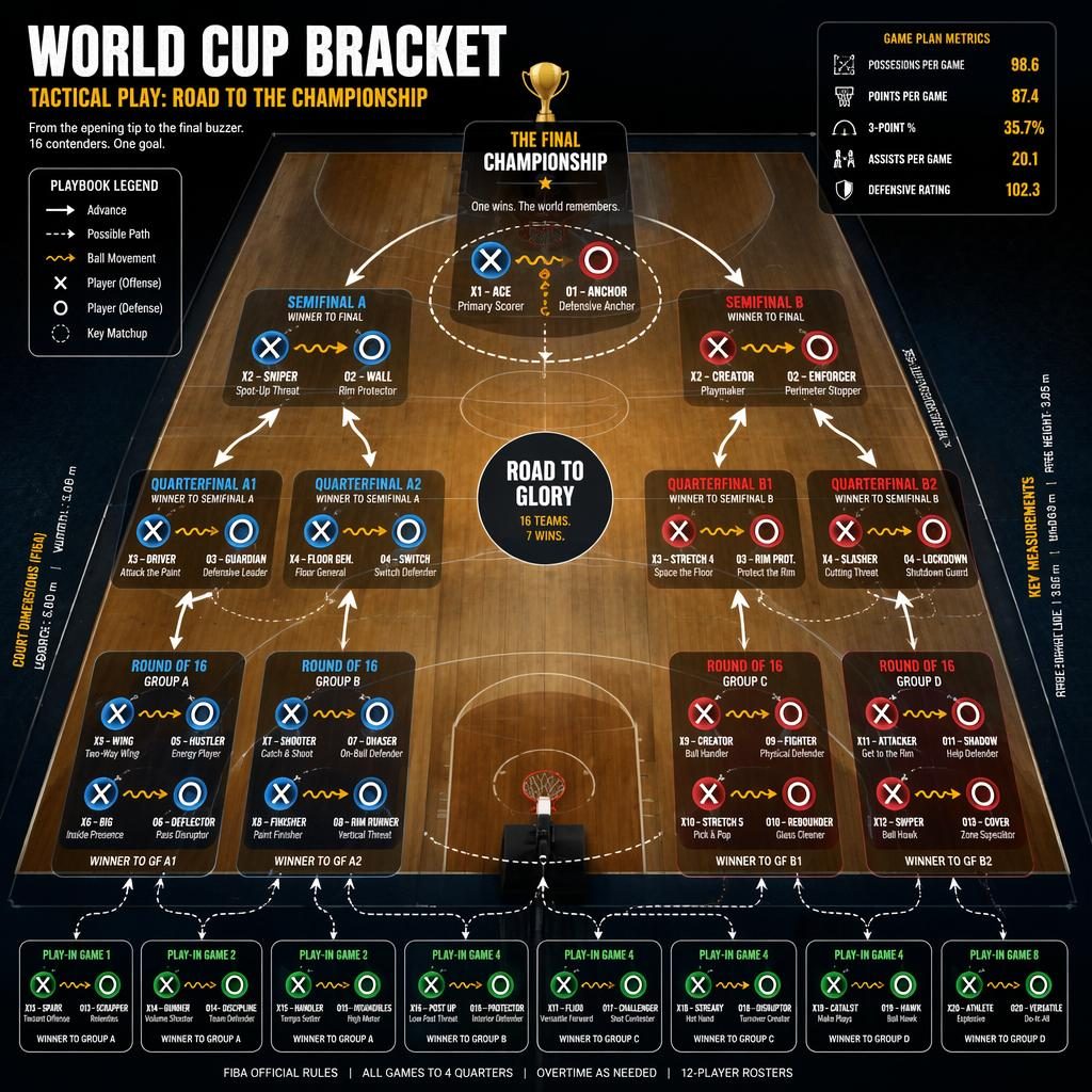 Top-down basketball court infographic with Xs, Os, arrows, tactical zones, and updated bracketology flow to the final.