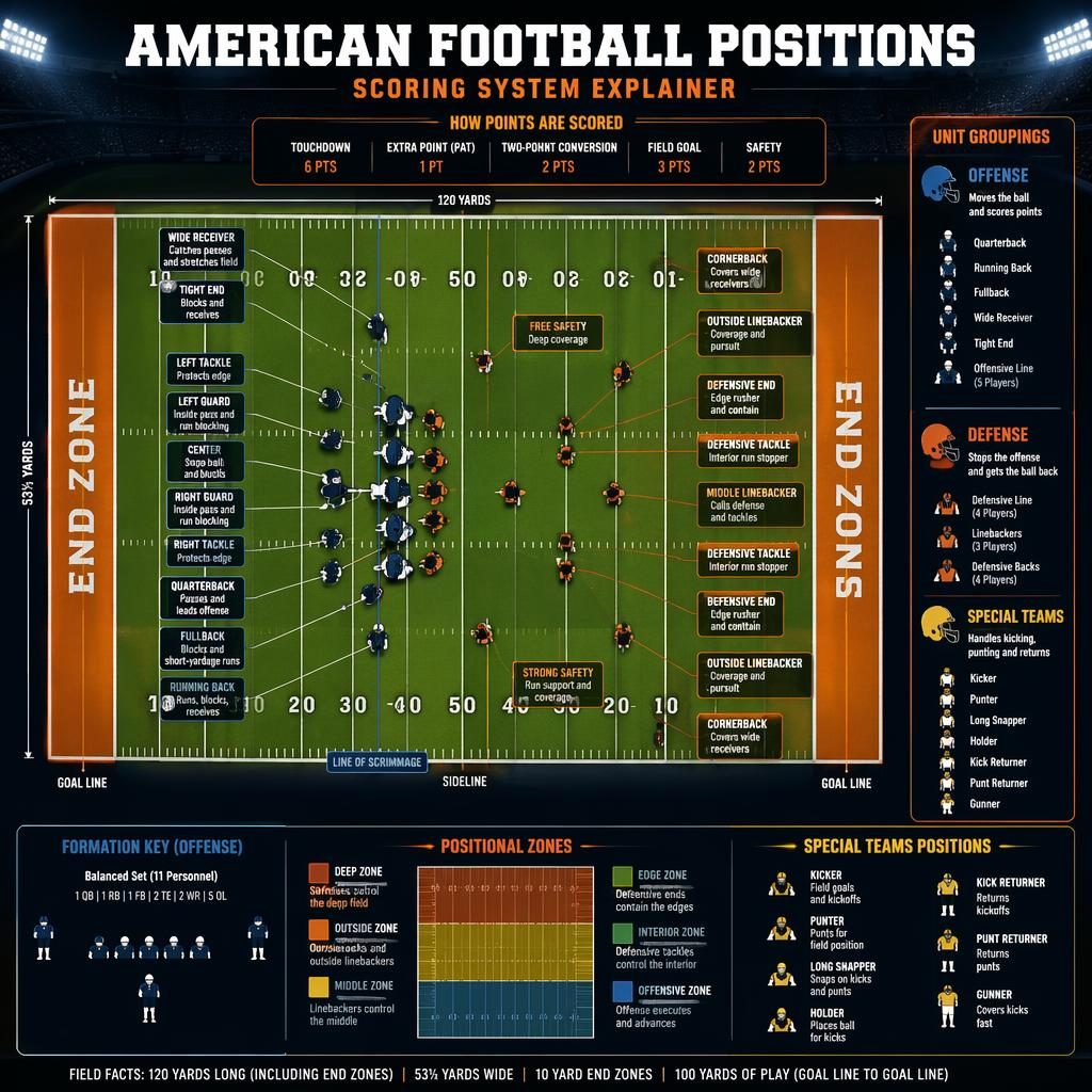 Top-down American football positions infographic on a full field with labeled offense, defense, special teams, icons, and side panel.