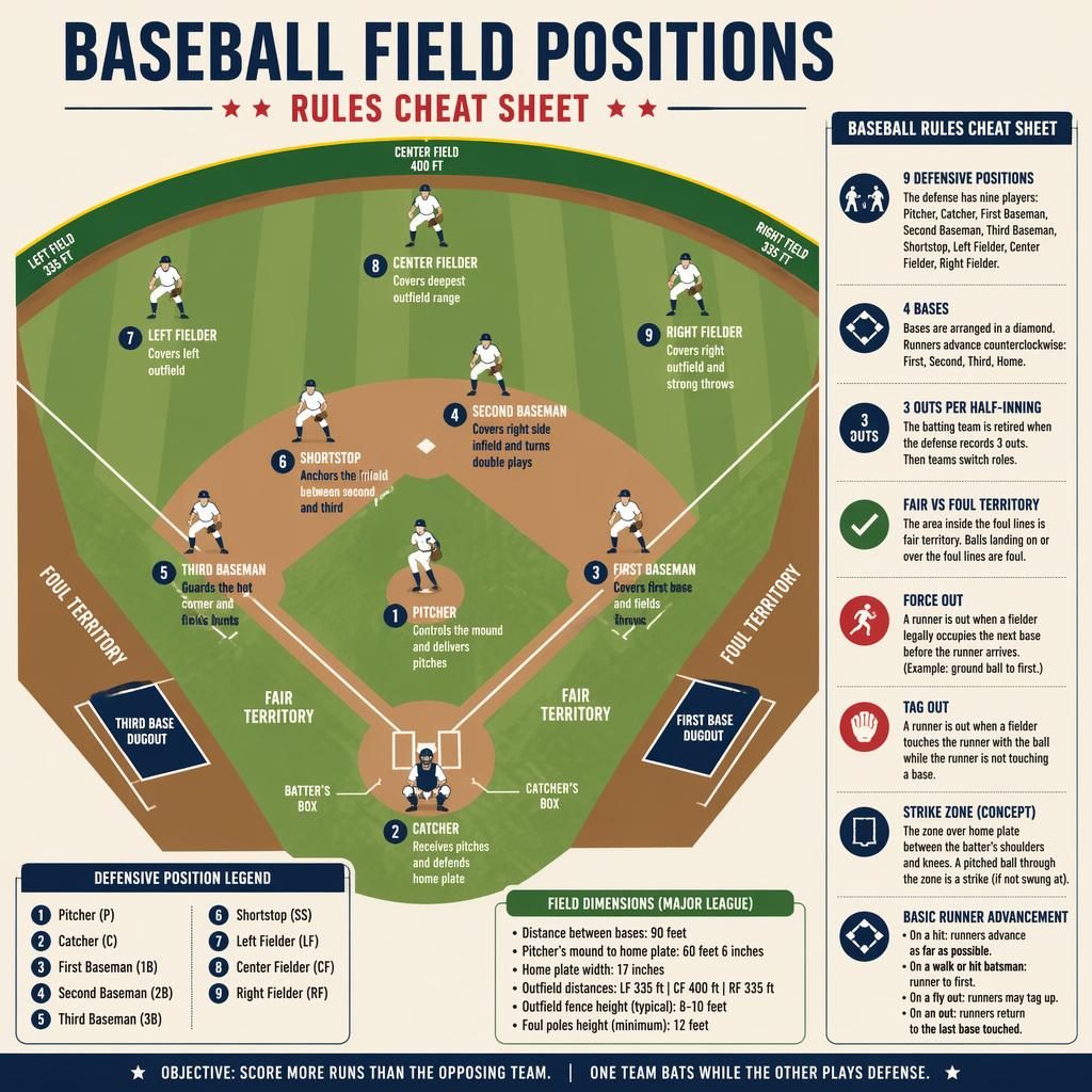 Top-down baseball field positions infographic with 9 defensive spots, numbered legend, and rules cheat sheet panel.