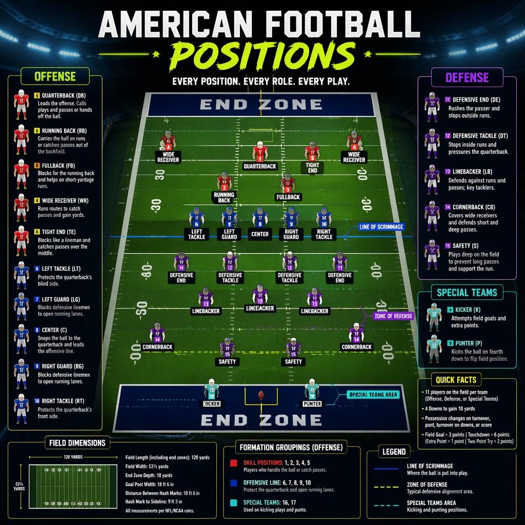 Infografía de fútbol americano vista superior con posiciones, líneas de yardas, zonas de anotación y etiquetas en inglés.