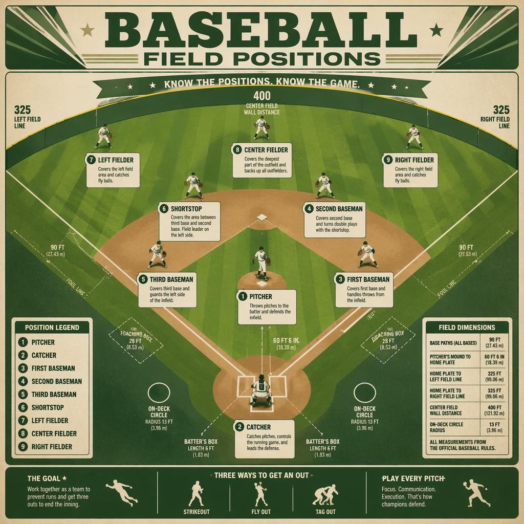 Top-down baseball field positions infographic with 9 player icons, labels, role captions, legend, and official field markings.