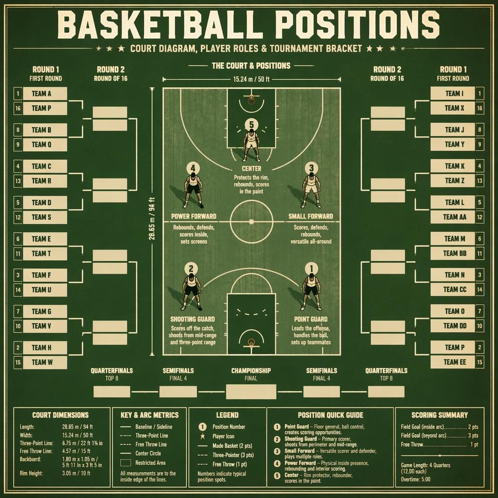 Retro sports infographic with a basketball court, five labeled positions, player icons, and a tournament bracket layout.