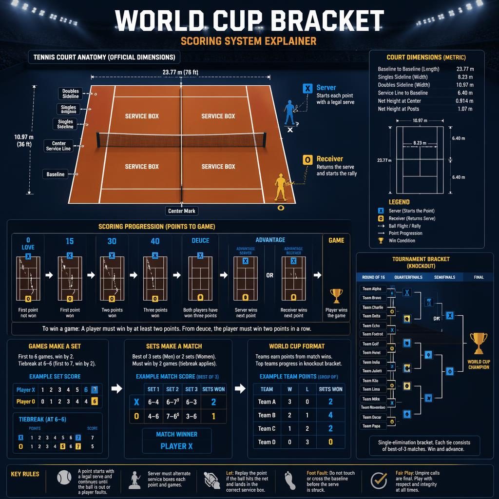 Dark stadium sports infographic with a top-down tennis court, scoring explainer panels, and a generic bracket graphic.