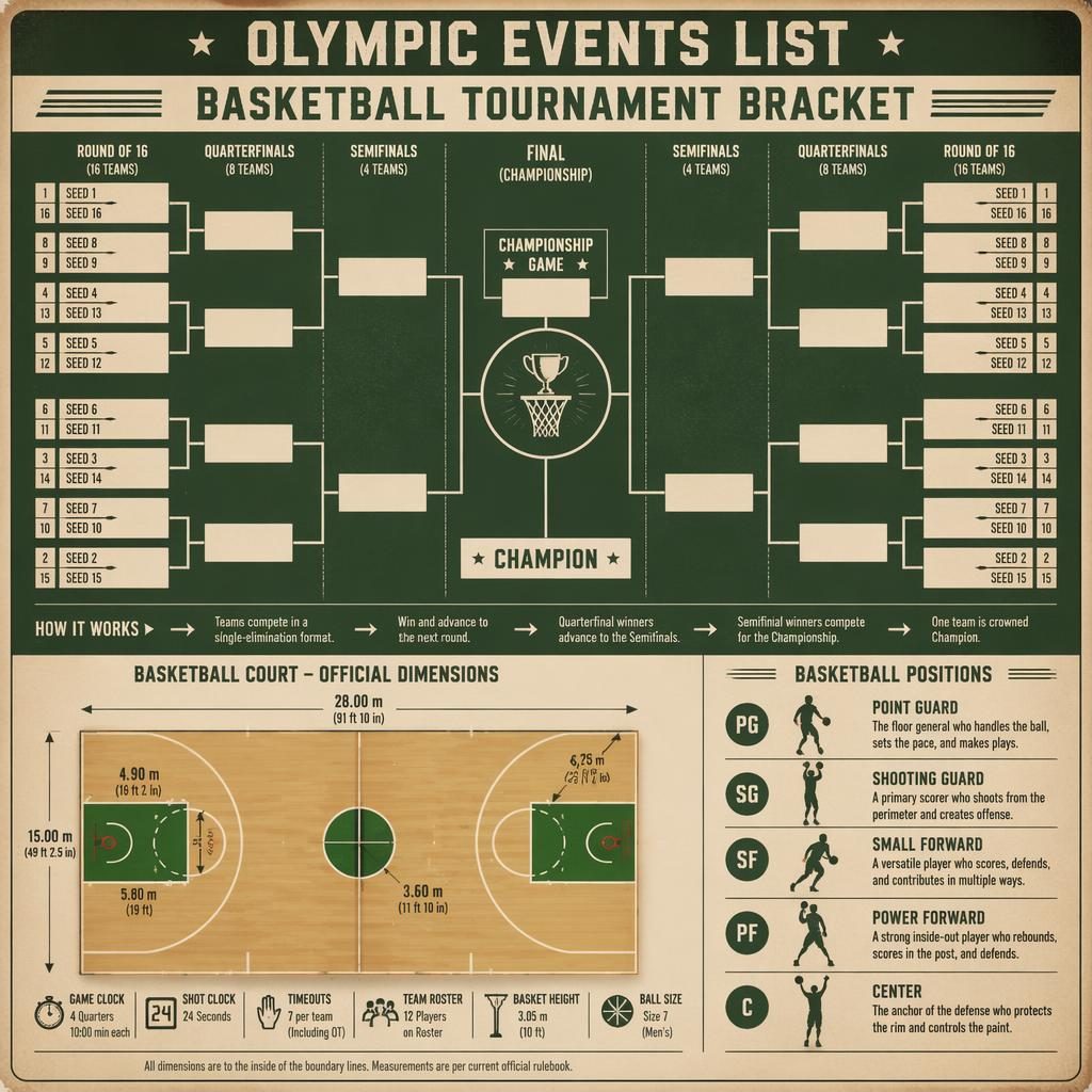 Retro green and white basketball tournament bracket infographic with court diagram, rounds, seed slots, and player positions.