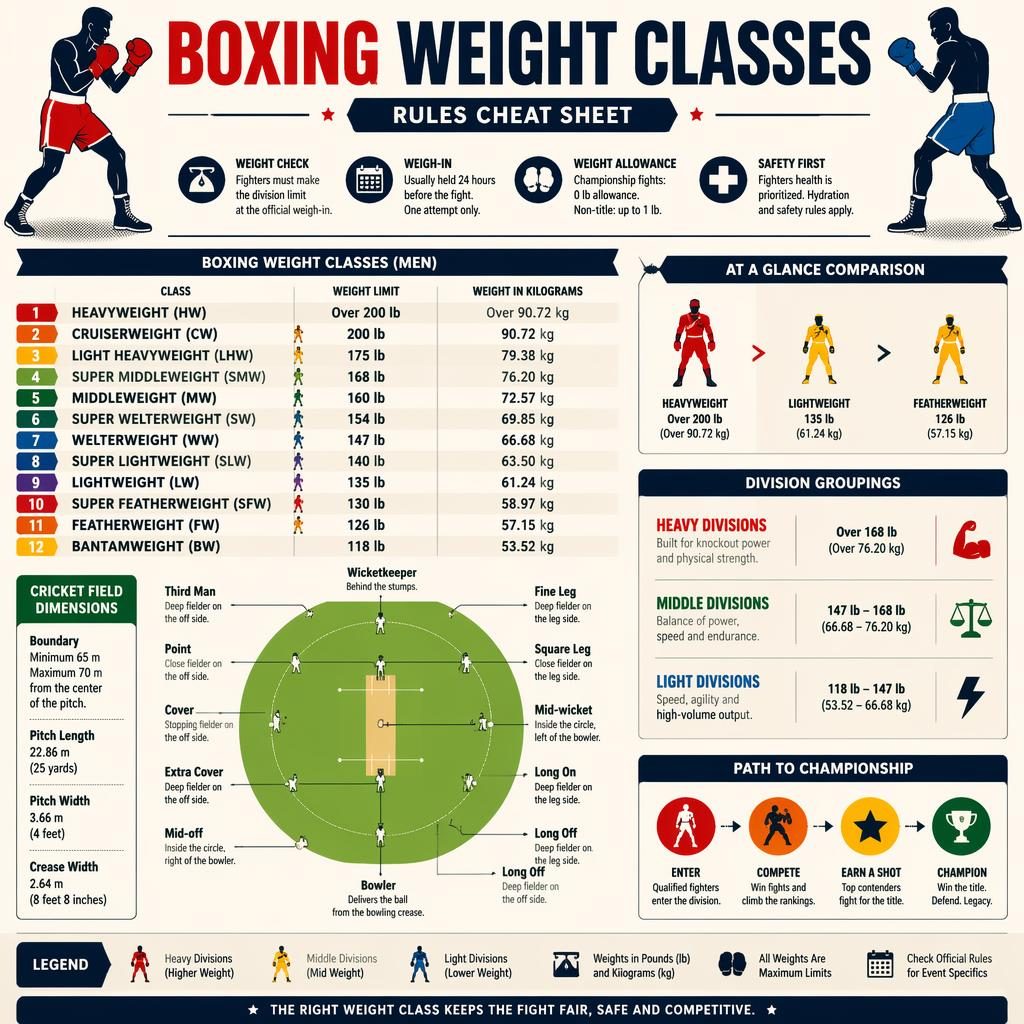 Minimal retro sports infographic showing boxing weight classes beside a top-down cricket field with labeled positions.