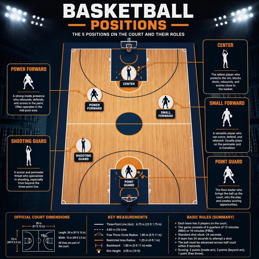 Top-down basketball court infographic with five labeled positions, role captions, player icons, and callout panels.