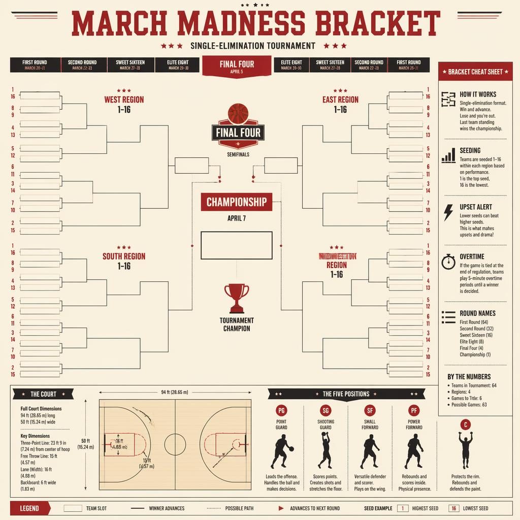 Vintage cream and red tournament bracket infographic with four regions, Final Four, championship, court diagram, and rules sidebar.