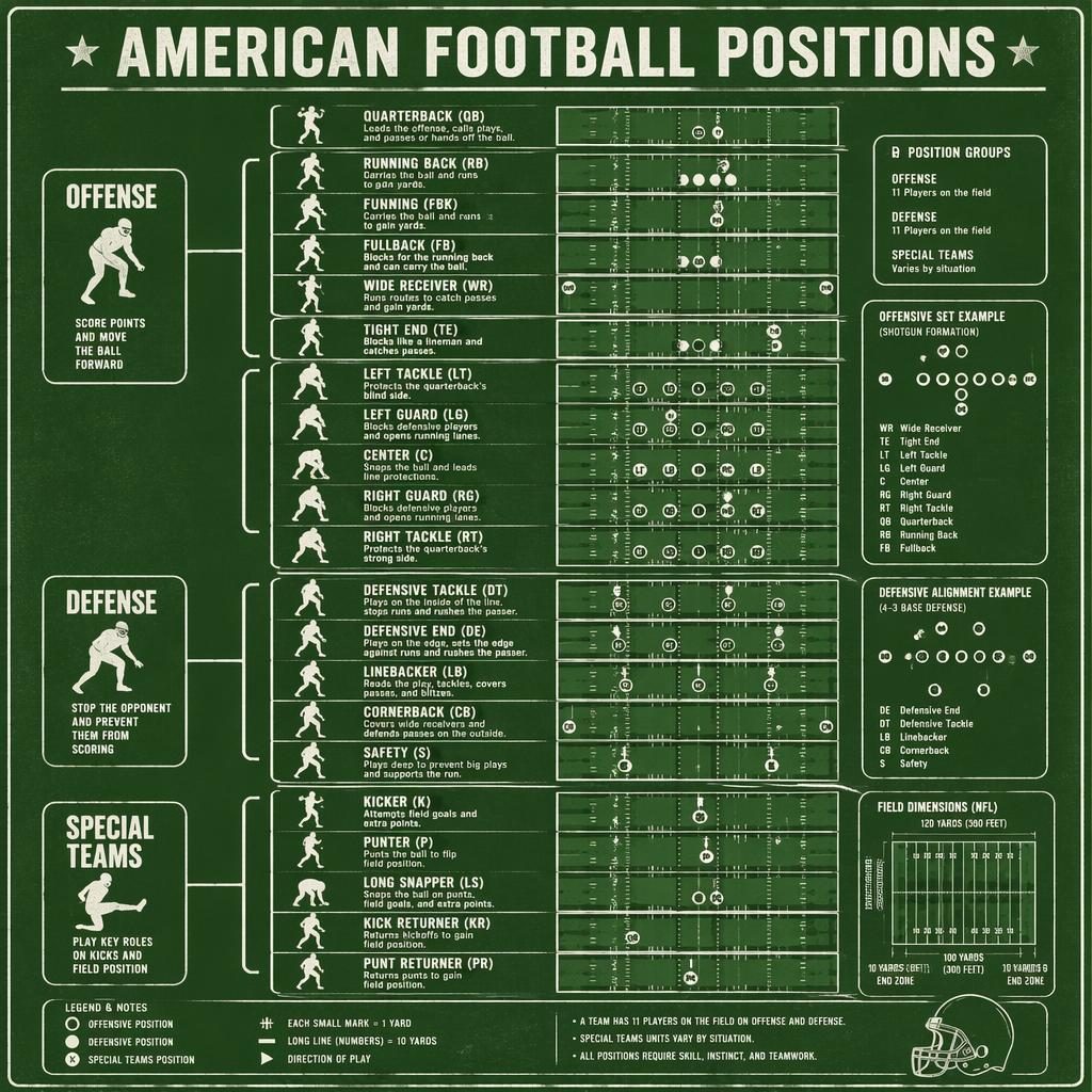 Retro green football field infographic with bracket-style groups for offense, defense, and special teams positions.