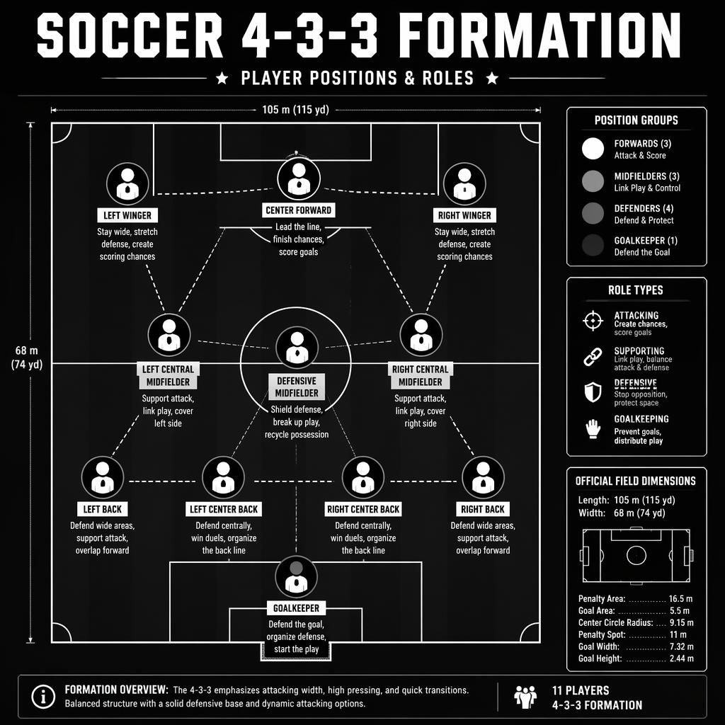 Top-down monochrome soccer pitch infographic showing a 4-3-3 formation with labeled player positions, role captions, icons, and legend.
