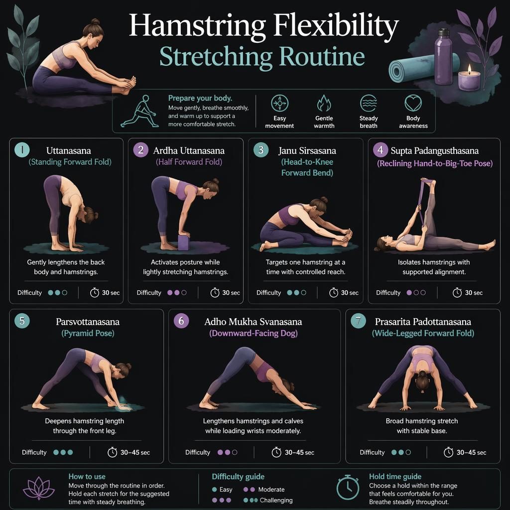 Dark mode hamstring flexibility stretching infographic with 7 numbered yoga poses, hold times, benefits, and English labels.
