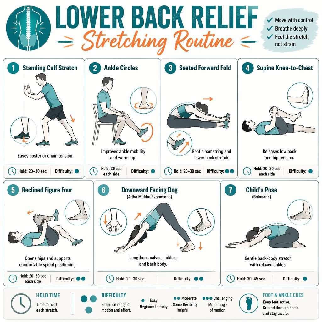 Infographic poster with 7 numbered stretch poses for lower back relief in teal and orange, with hold times and difficulty dots.