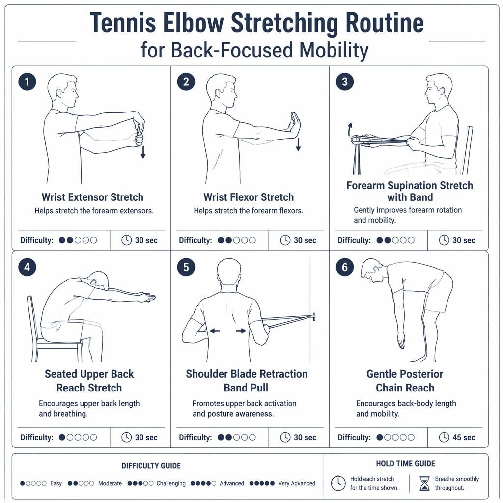 Monochrome infographic with 6 numbered figures showing safe tennis elbow stretches and flexible band exercises with hold times.