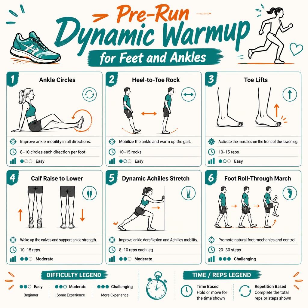 Infographic with 6 line-drawn figures showing foot and ankle warmup poses, motion arrows, English labels, teal and orange accents.