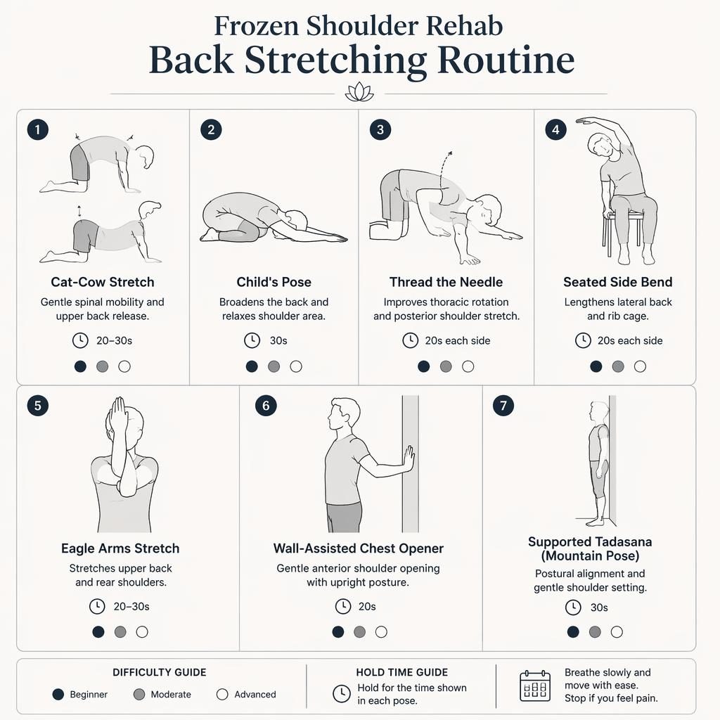 Monochrome infographic with 7 line-drawn rehab stretches for frozen shoulder and back, with pose names, benefits, hold times, and dots.