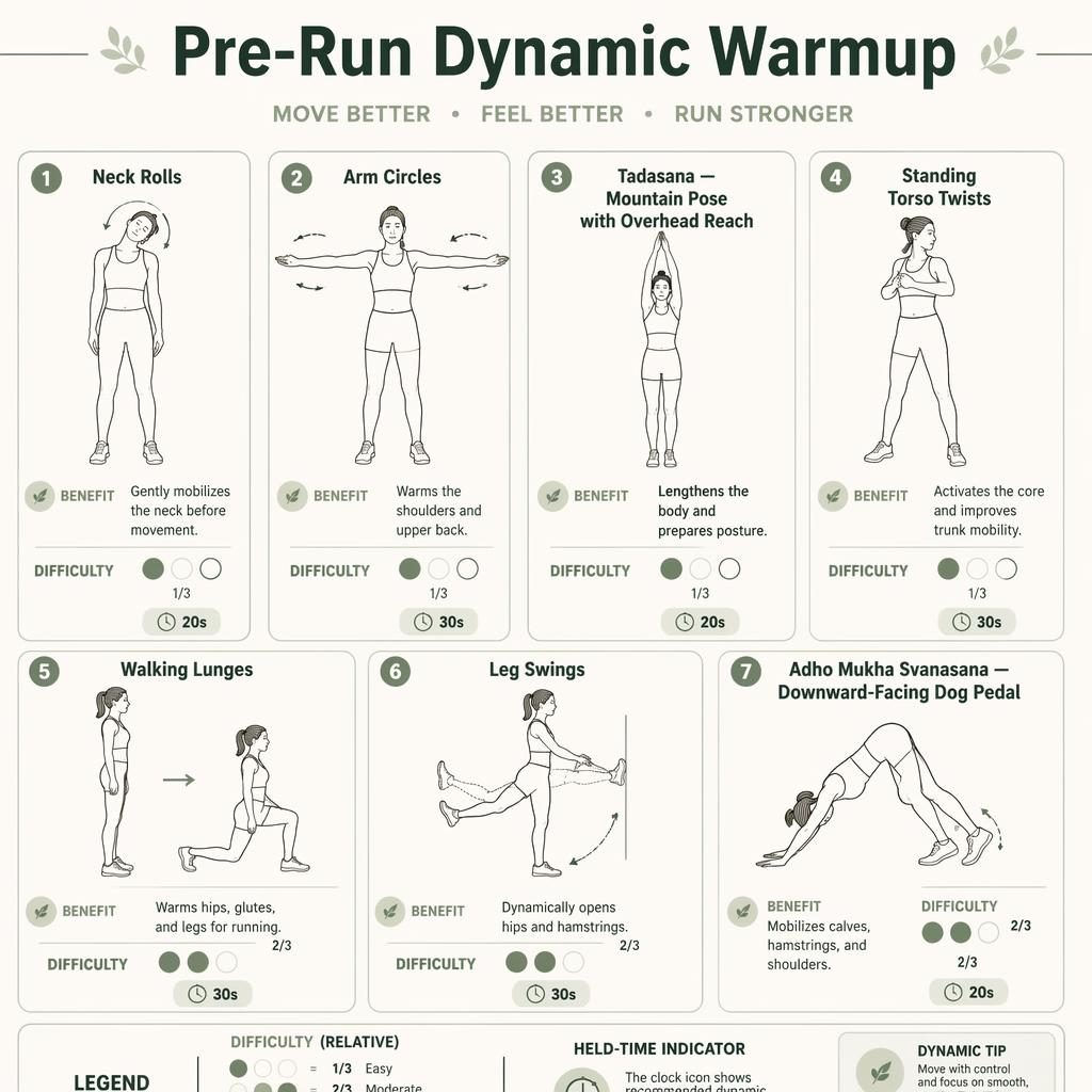 Editorial infographic with 7 numbered line-drawn figures showing pre-run dynamic warmup stretches and timing badges