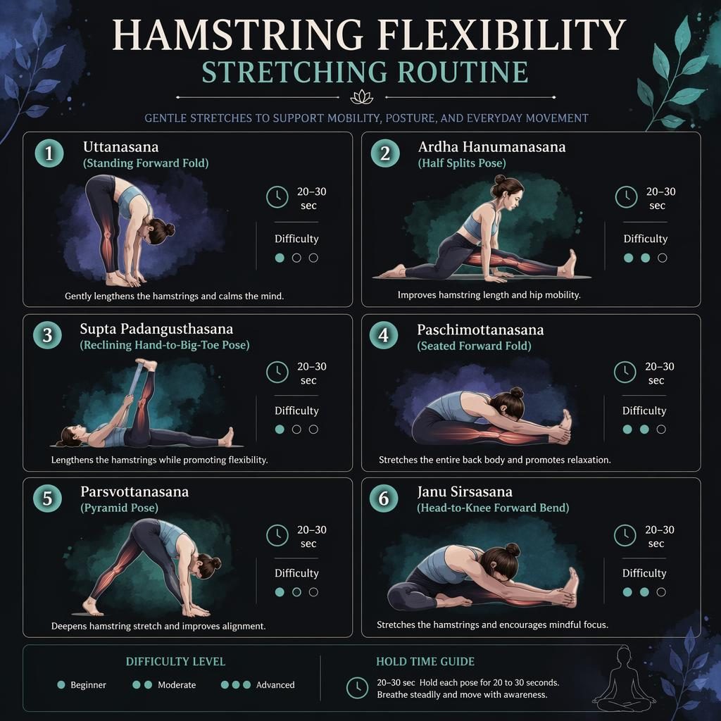 Dark mode infographic with 6 hamstring stretch figures, pose names, benefits, hold times, and difficulty dots.
