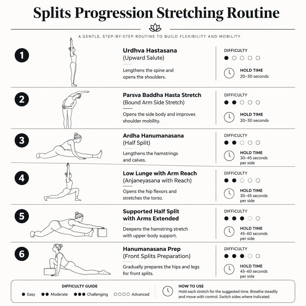 Minimal monochrome infographic with 6 line-drawn figures showing a splits progression stretching routine and hold times.