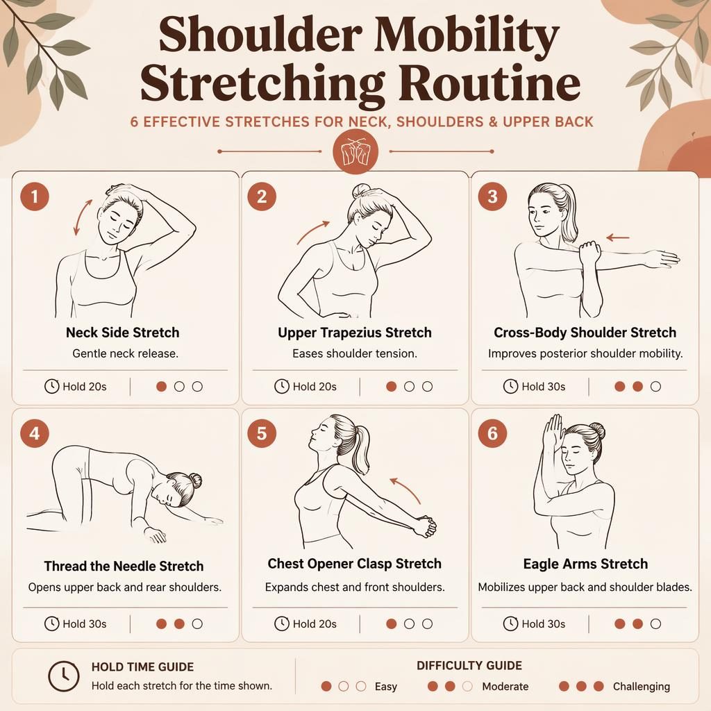 Infographic with 6 line-drawn figures showing shoulder mobility stretches, hold times, benefits, and difficulty dots.