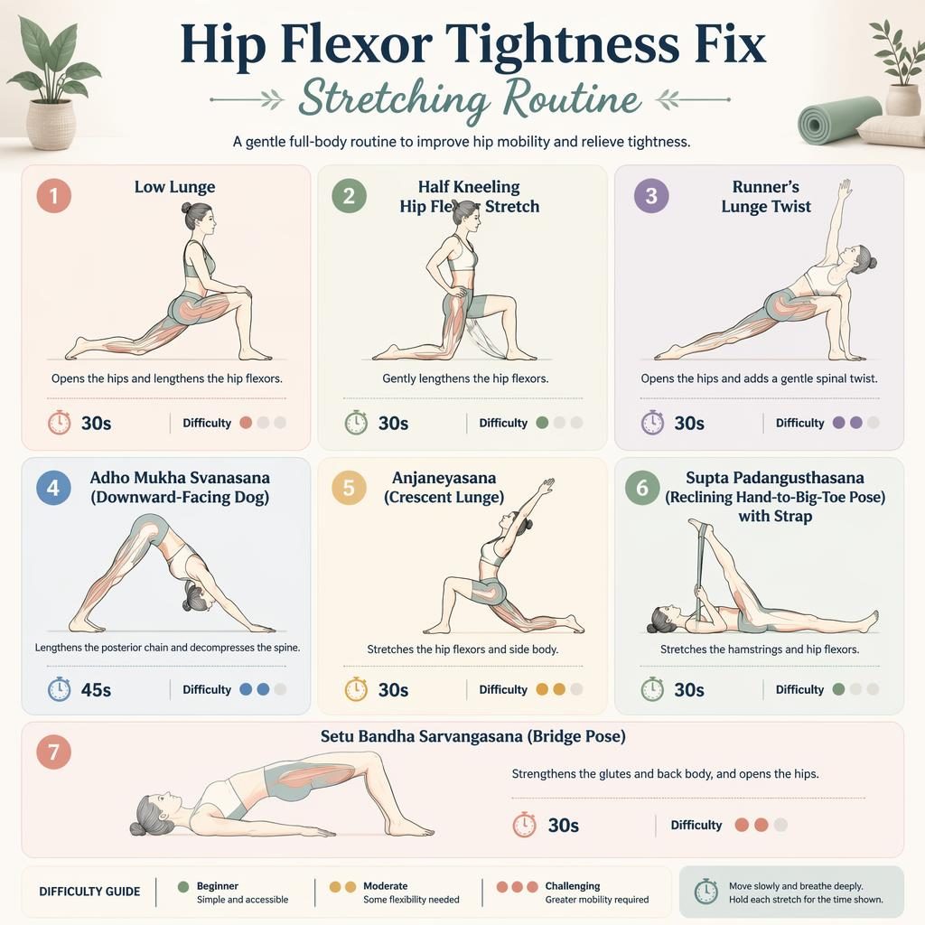 Infographic with 7 numbered full-body stretch poses for hip flexor tightness, line-drawn figures, hold times, labels, dots.