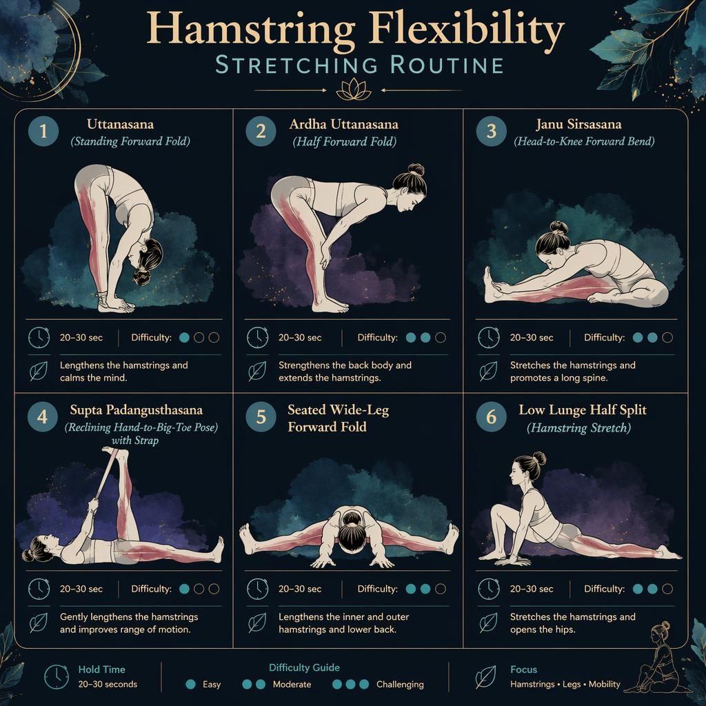 Dark mode hamstring flexibility infographic with 6 numbered stretch poses, line-drawn figures, muscle highlights, and hold times.