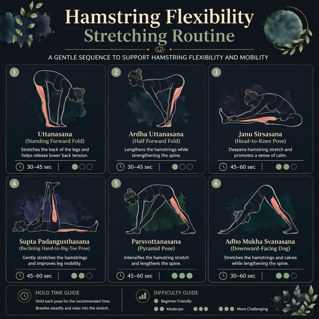 Tmavá wellness infografika se 6 očíslovanými pozicemi na protažení hamstringů, lineární siluety, zvýrazněné nohy a legenda.