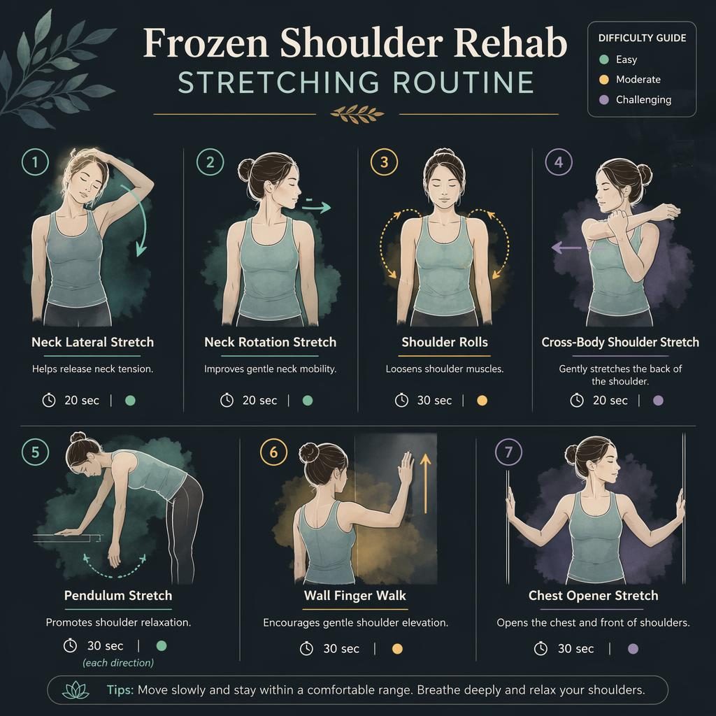 Dark mode infographic with 7 numbered gentle neck and shoulder rehab stretches in line-drawn watercolor figures.