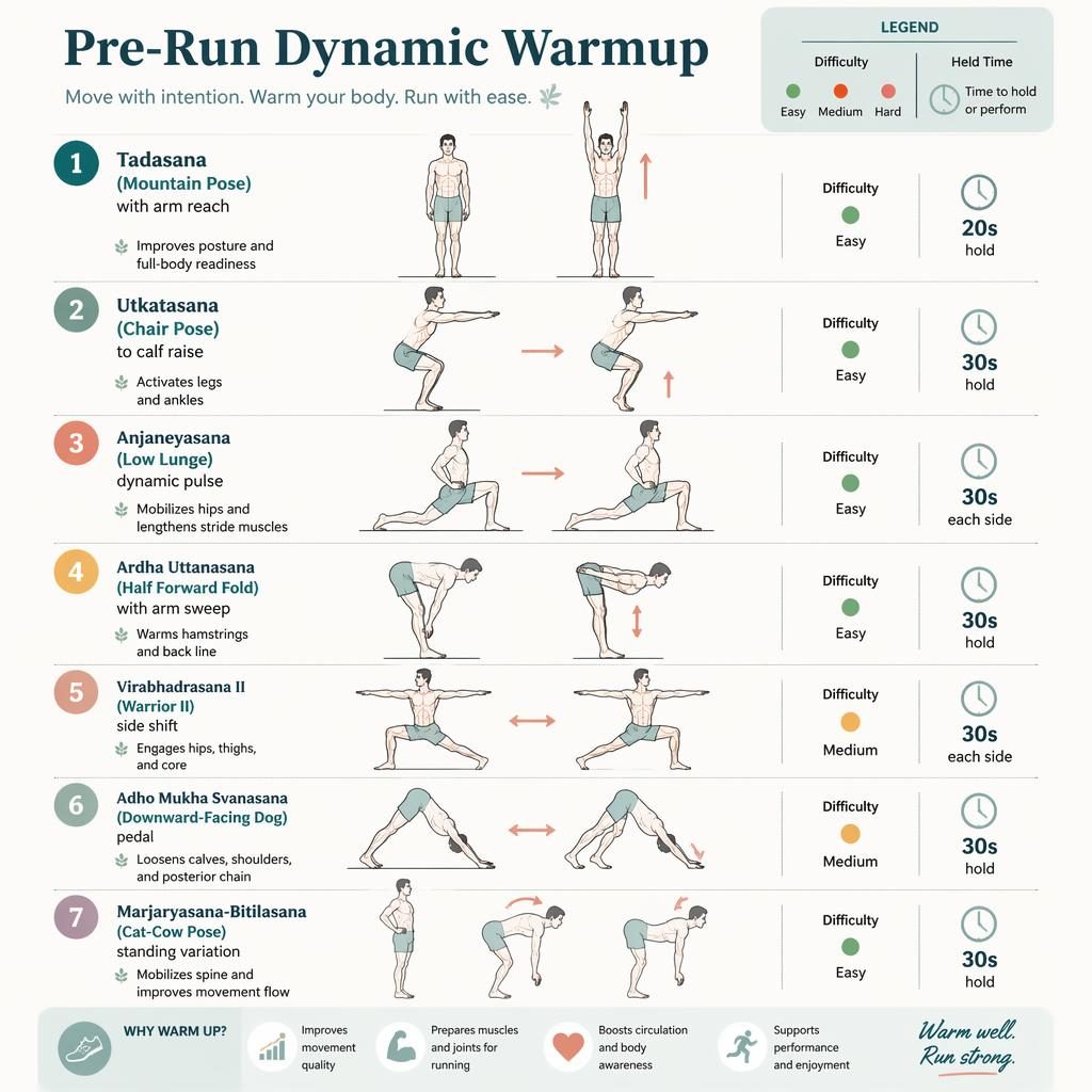Editorial infographic titled Pre-Run Dynamic Warmup with 7 numbered line-drawn stretch figures, English labels, times, and difficulty.