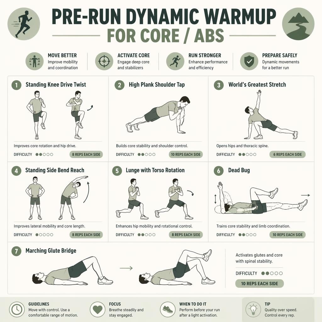 Editorial infographic with 7 line-drawn pre-run core warmup poses, labels, benefits, difficulty dots, and rep timers.