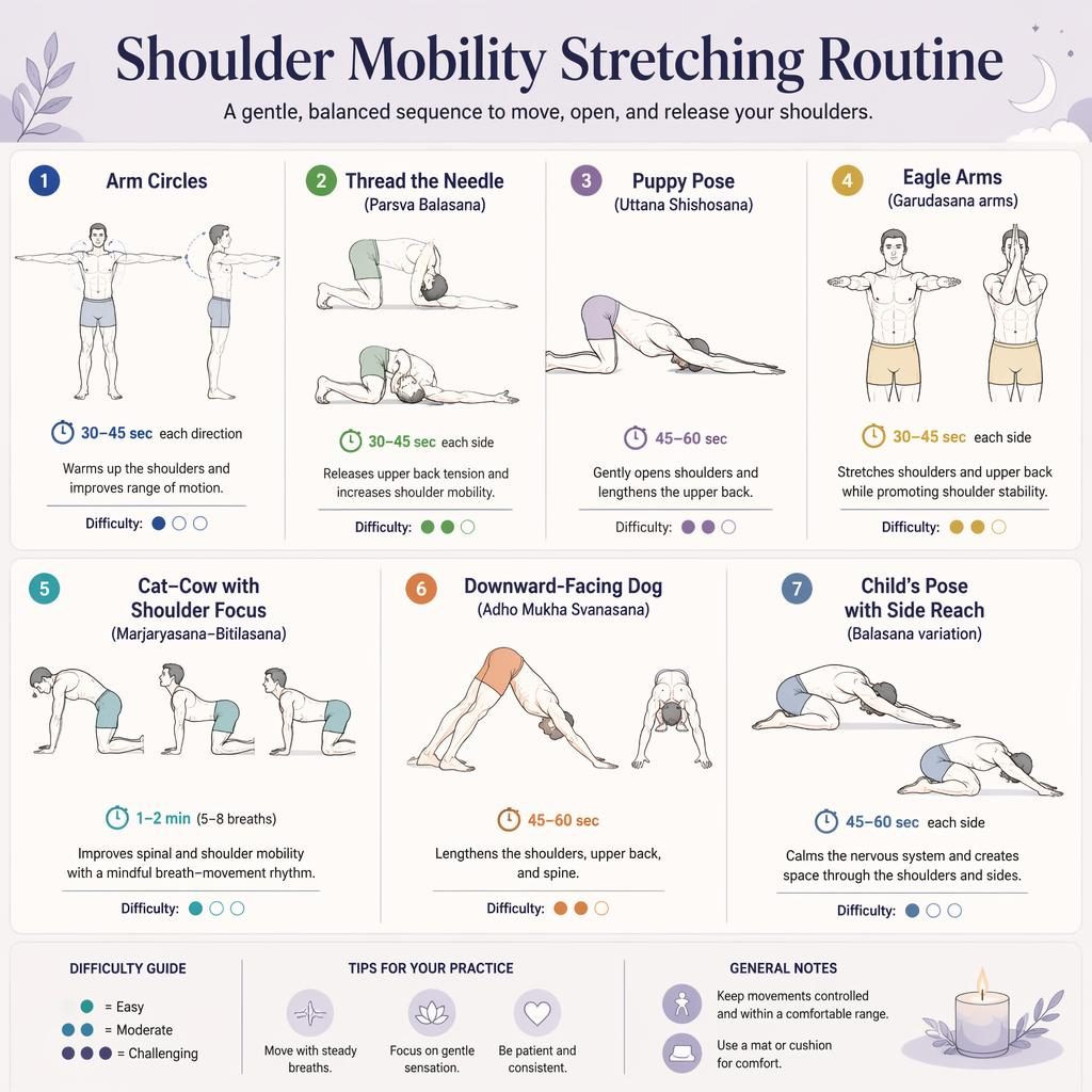 Infographic with 7 numbered full-body shoulder mobility stretches in pastel line art, with pose names, hold times, benefits, and dots.