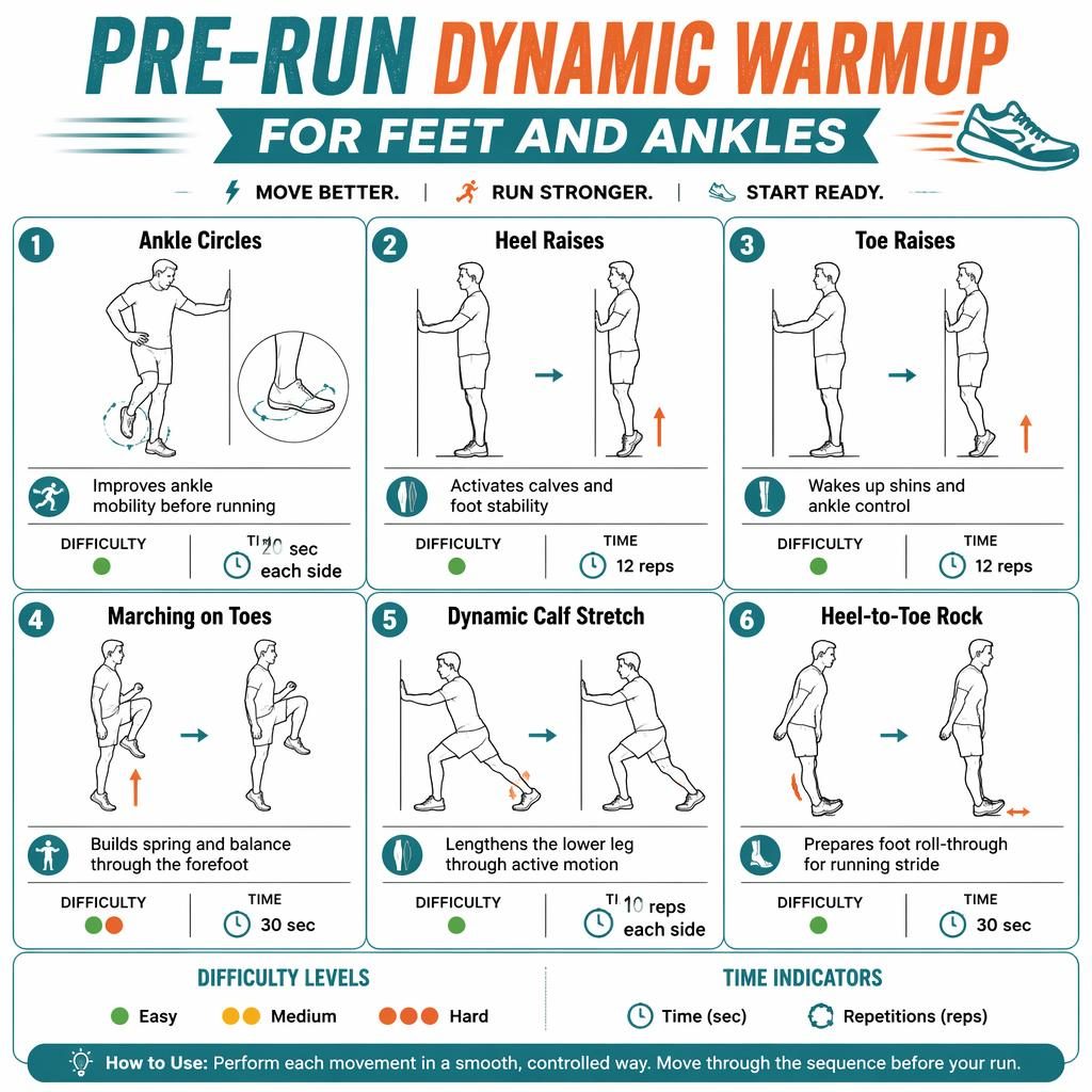 Infographic titled Pre-Run Dynamic Warmup for Feet and Ankles with 6 numbered body figures, teal-orange labels, arrows, dots, and time markers.