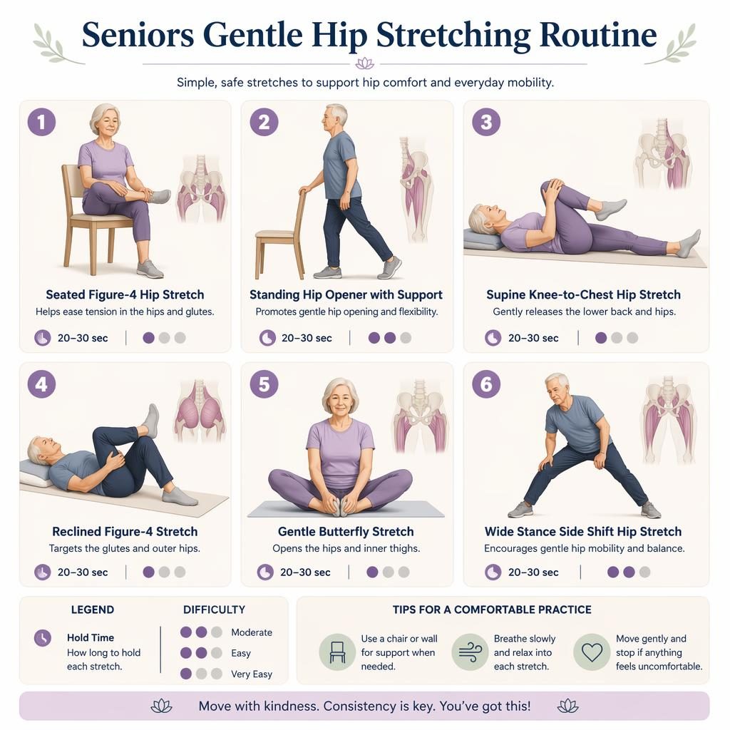 Infographic with 6 senior-friendly hip stretch poses, line-drawn older figures, hold times, benefits, and difficulty dots.