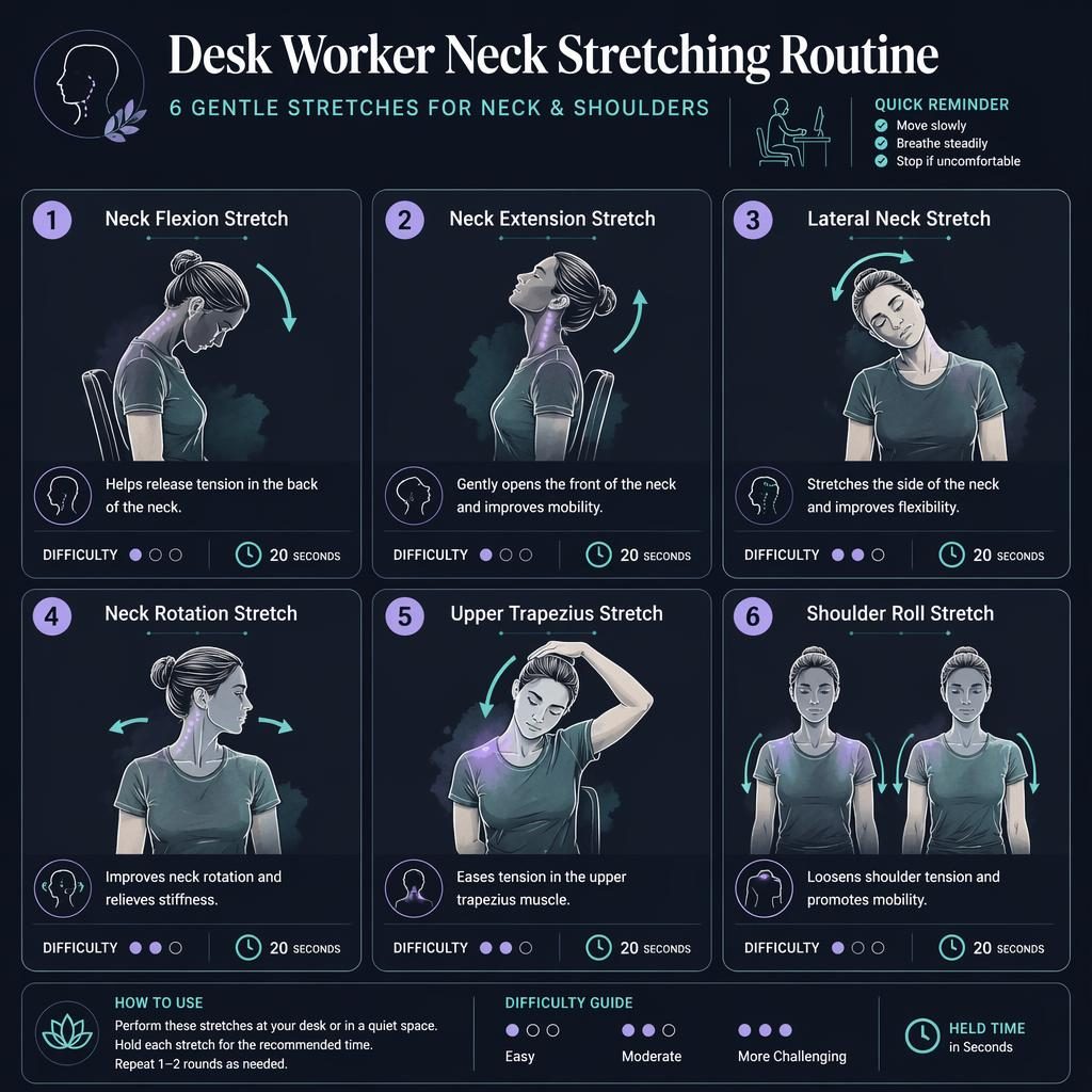 Infografía editorial en modo oscuro con 6 posturas de estiramiento de cuello y hombros para oficina, numeradas y en inglés.