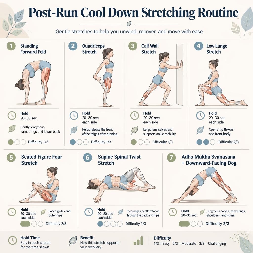 Editorial infographic with 7 numbered post-run stretches, full-body line figures, hold times, benefits, and difficulty dots.