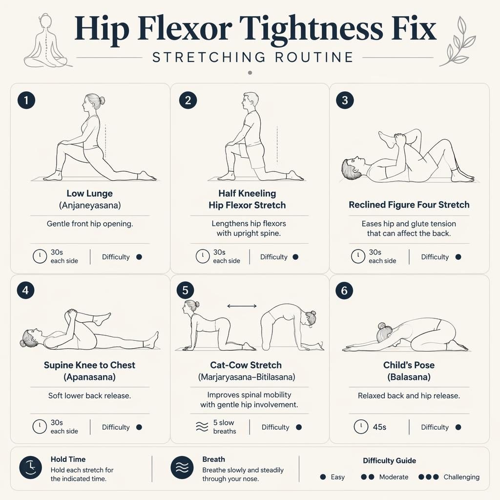 Minimal monochrome infographic with 6 numbered stretch poses for hip flexor tightness, hold times, benefits, and difficulty dots.