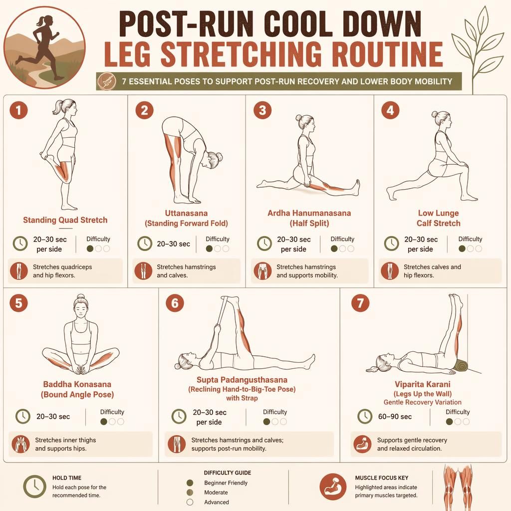 Infographic showing 7 post-run leg stretches with line-drawn figures, hold times, benefits, and difficulty dots.