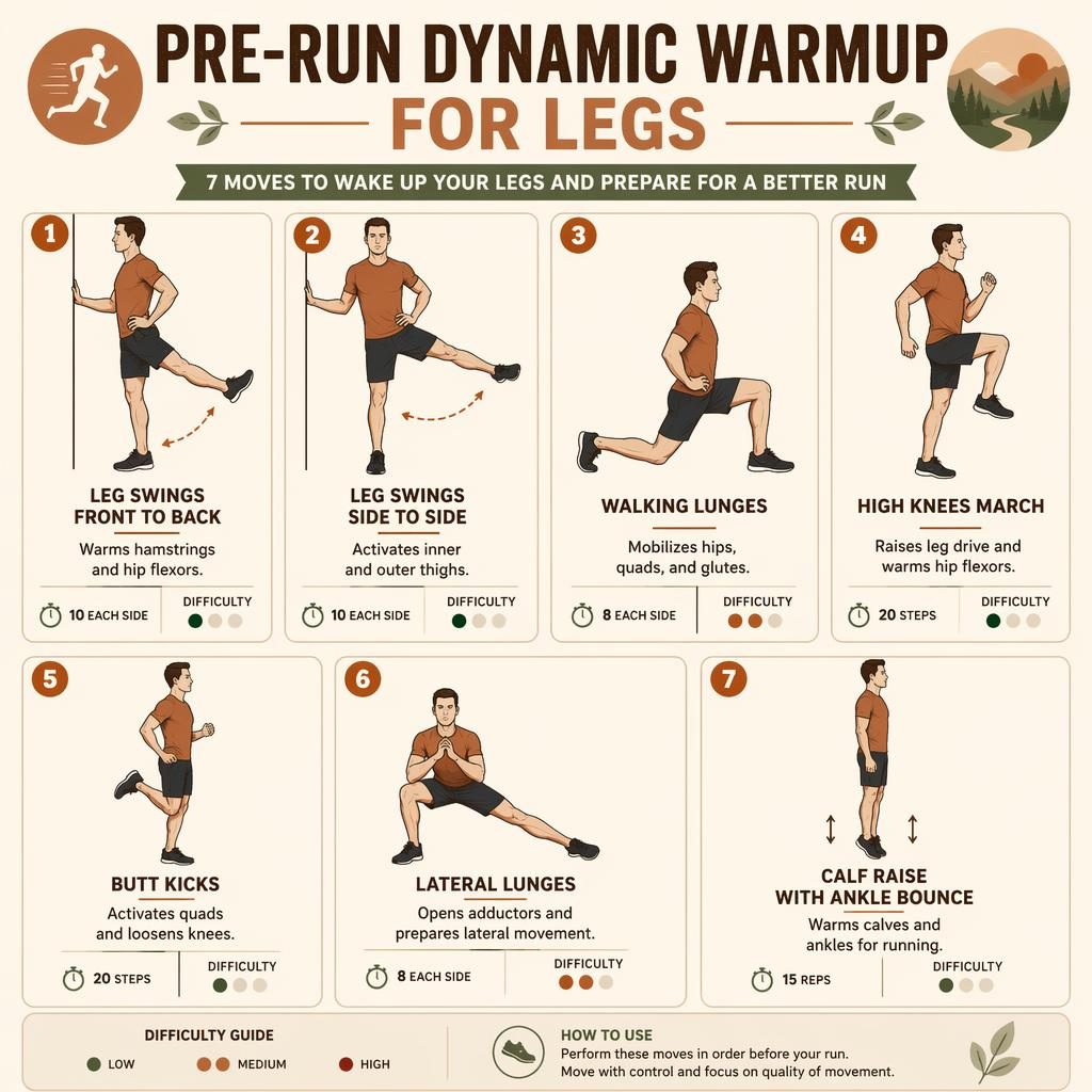 Infographic titled Pre-Run Dynamic Warmup for Legs with 7 numbered line-drawn figures showing leg swings, lunges, high knees, butt kicks, calf raises.
