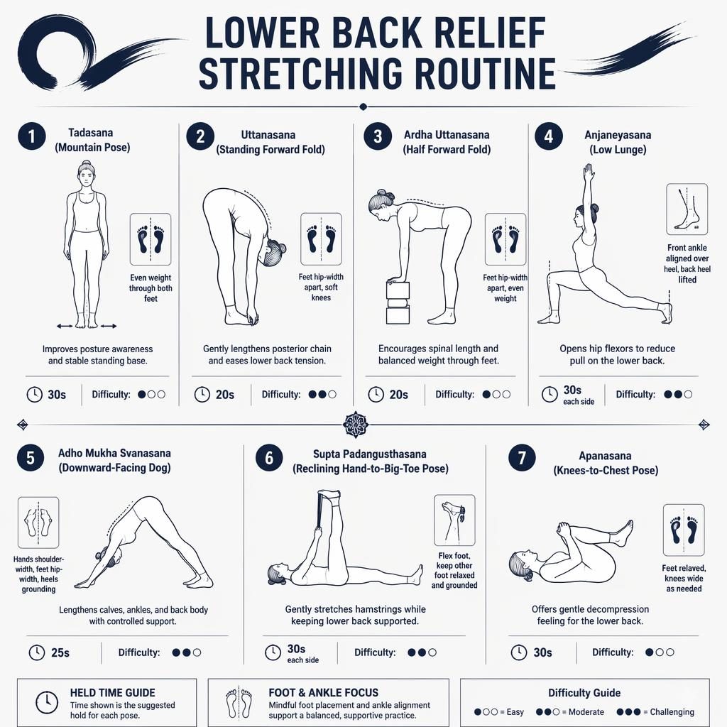 Monochrome infographic with 7 line-drawn stretch poses for lower back relief, showing foot alignment, hold times, and difficulty dots.